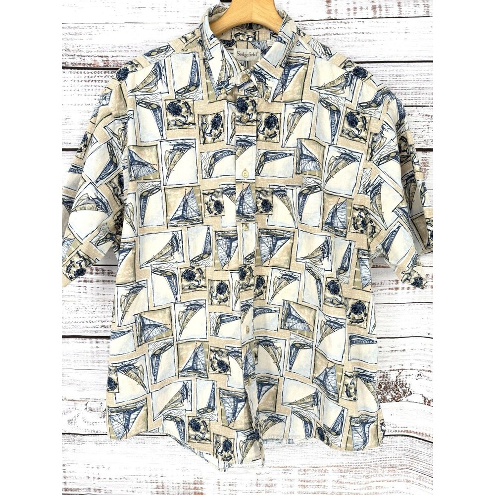 Vintage Sedgefield Sailboats Yachting Fishing Print Hawaiian‎ Shirt Mens Size XL